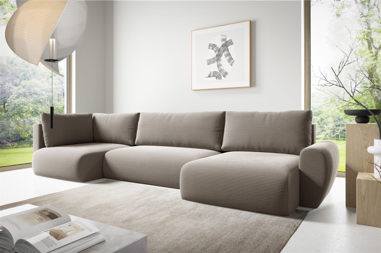Fun Möbel Beige Wohnlandschaft Schlafsofa Galan Stoff Poso Ottomane Rechts