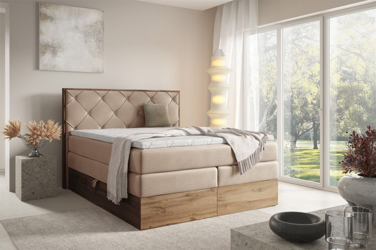 Boxspringbett Schlafzimmerbett NAVEL 180x200cm in Stoff Rouge Beige