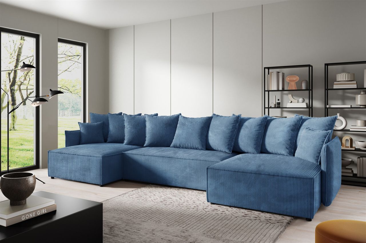 Wohnlandschaft mit Schlaffunktion MINEA Sofa U-Form in Stoff Poso Blau