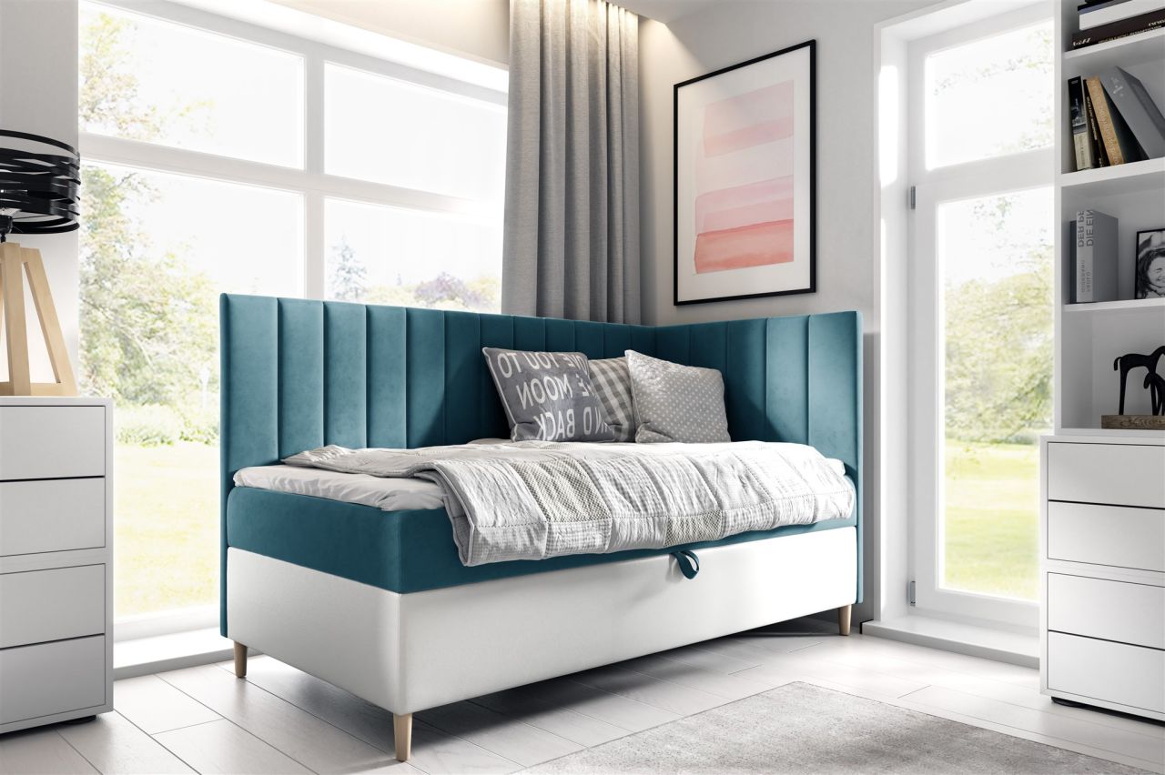 Boxspringbett Gästebett Kinderbett HELVI Nr.3 90x200cm Weiss-Türkis Seite Rechts