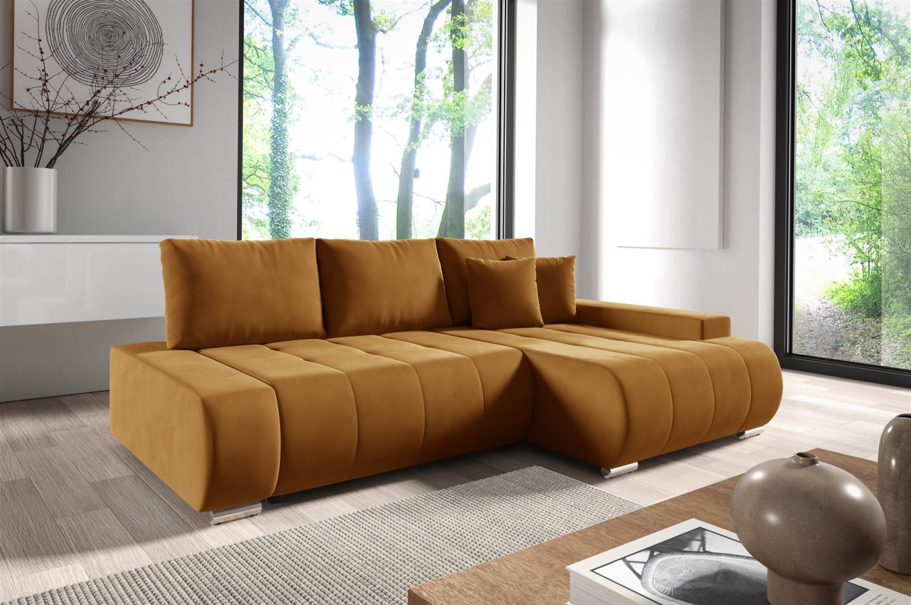 OUTLET Ecksofa Schlafsofa ELMO Stoff Monolith Honiggelb Ottomane Rechts