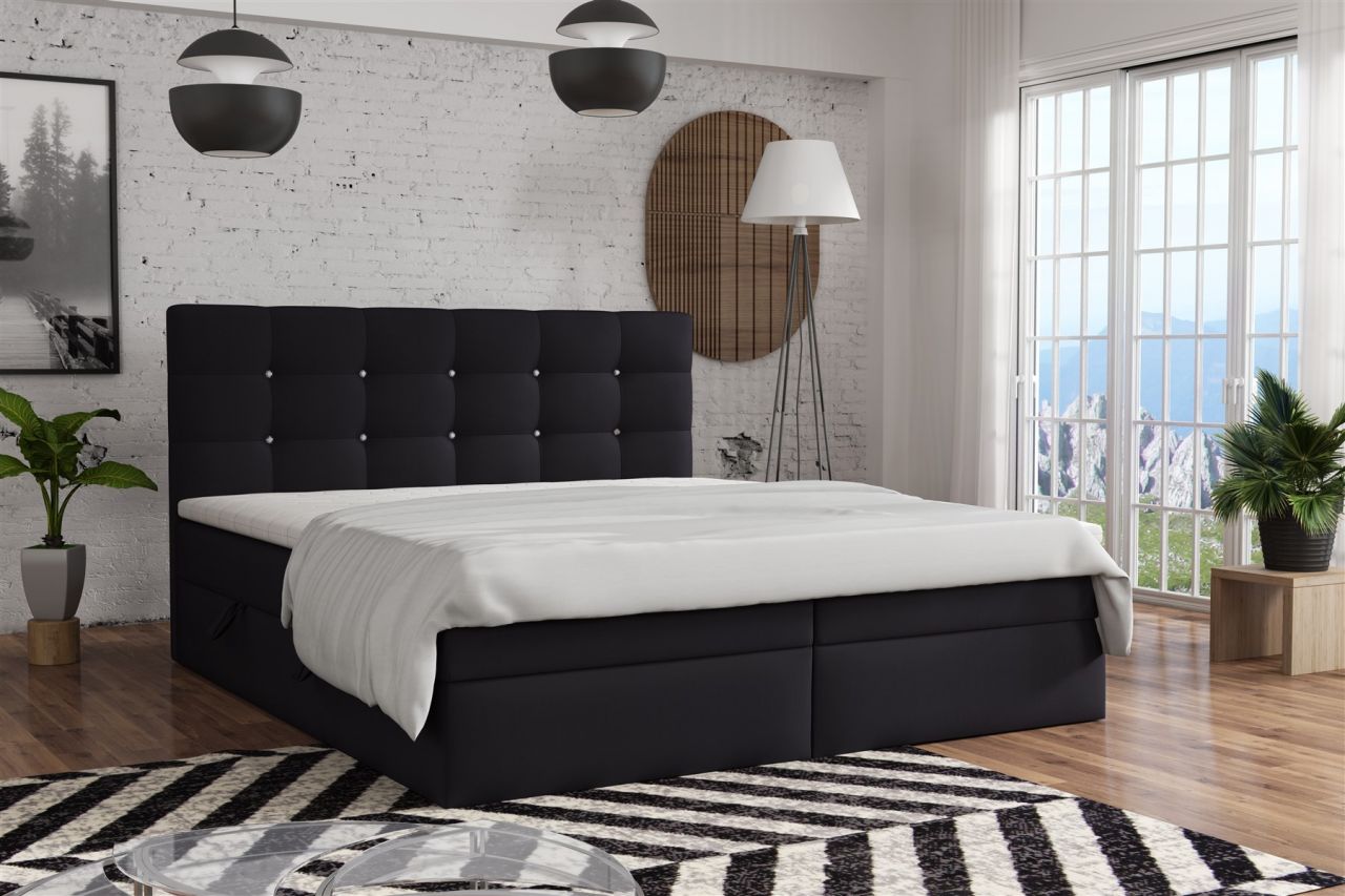 OUTLET Boxspringbett Schlafzimmerbett BASILIO 180x200cm Stoff Schwarz inkl.Be...