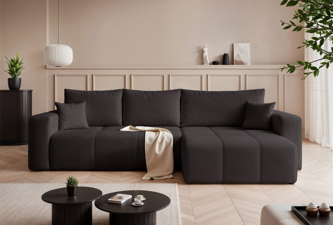 Ecksofa Schlafsofa Sofa LEROS in Stoff Manila Schwarz Ottomane Rechts