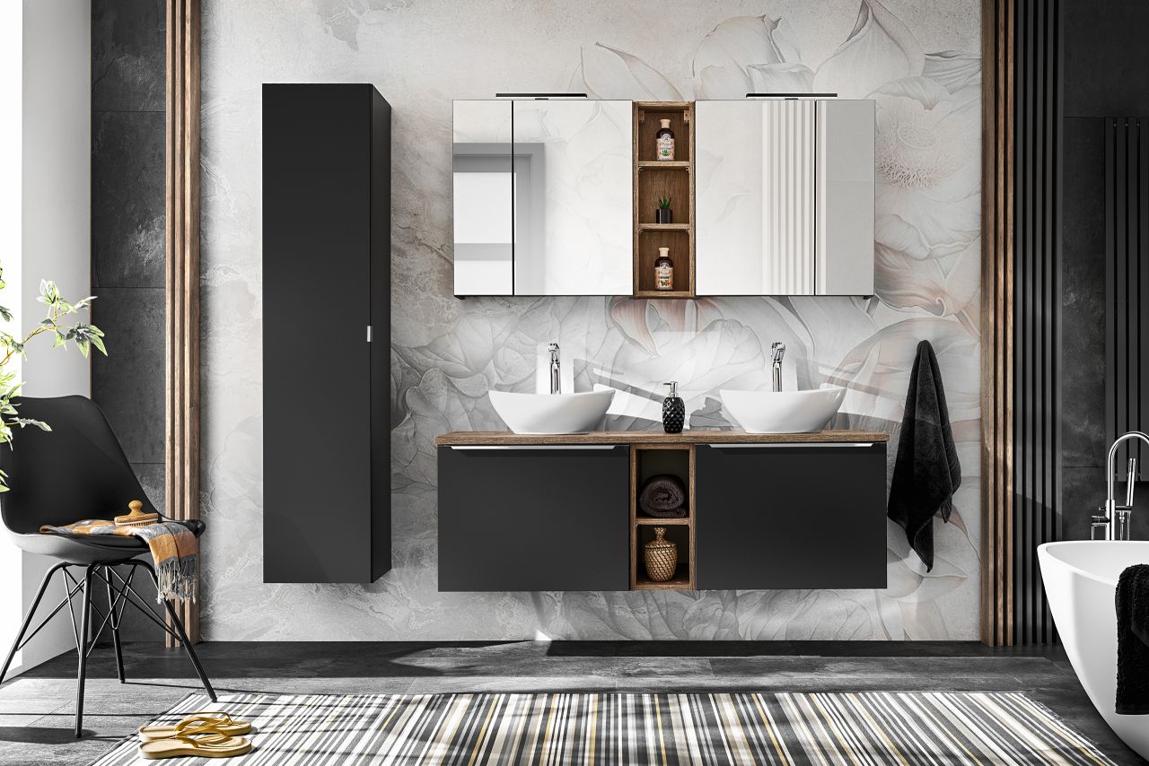 Badmöbel Set 9-tlg Badezimmerset AKAN Schwarz matt inkl. Waschtisch