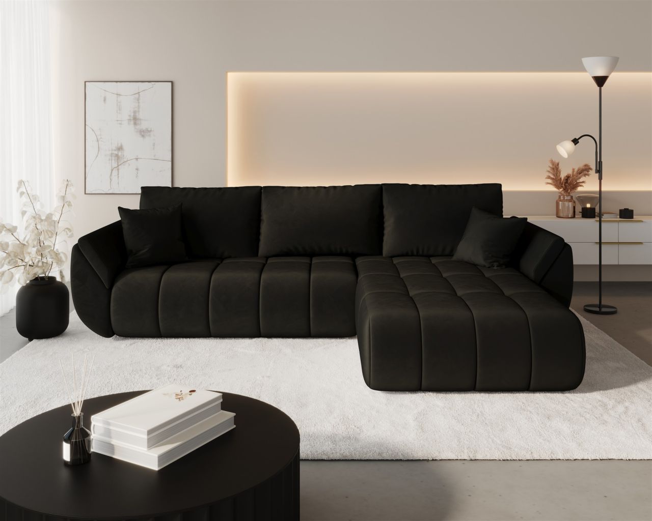 Ecksofa Schlafsofa MISATO Stoff Monolith Dunkelbraun Ottomane Rechts