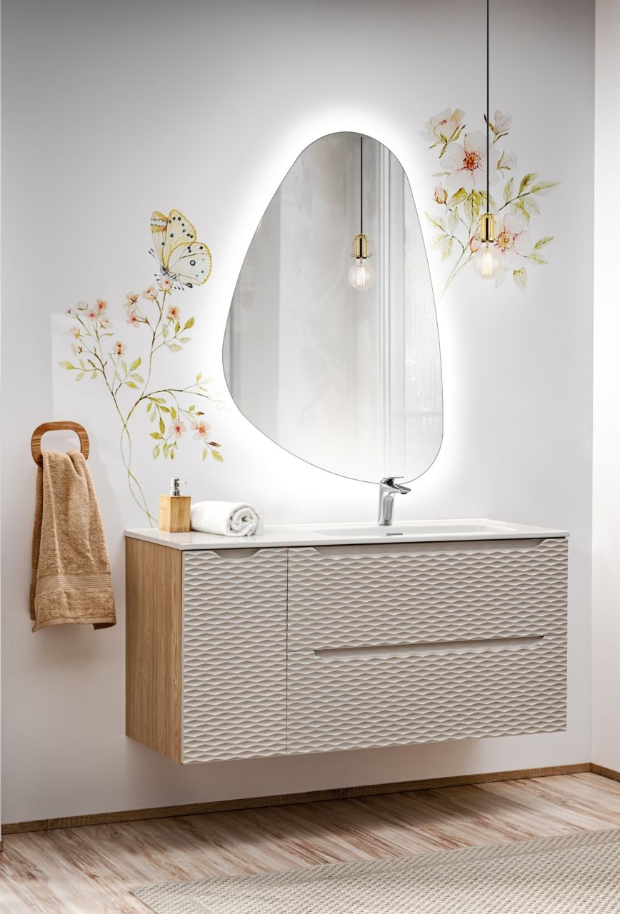 Badmöbel Set 3-tlg Badezimmerset LAXY Eiche Beige Regal links inkl. Waschtisch