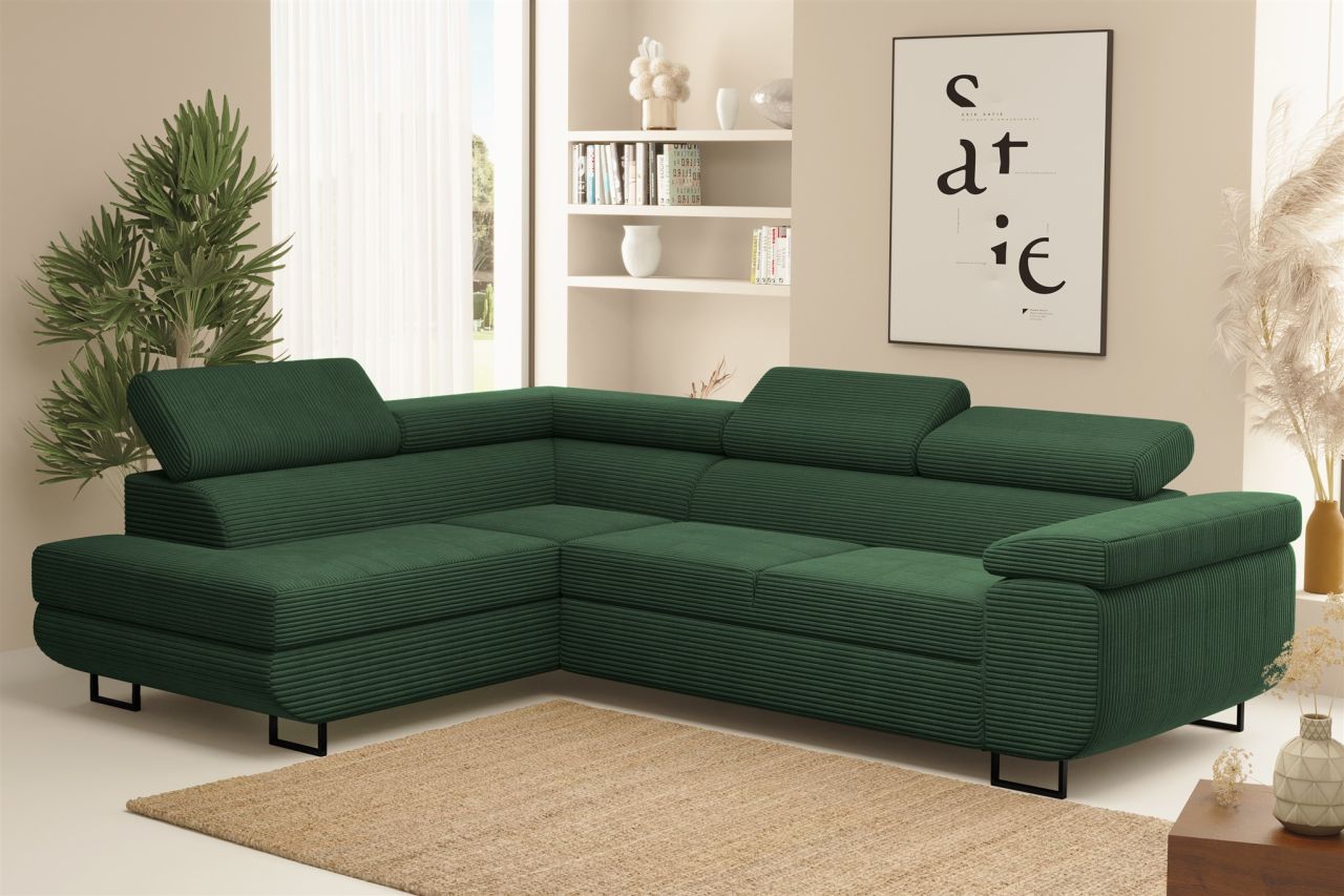Ecksofa Sofa mit Schlaffunktion METZ Stoff Poso Grün Ottomane Links