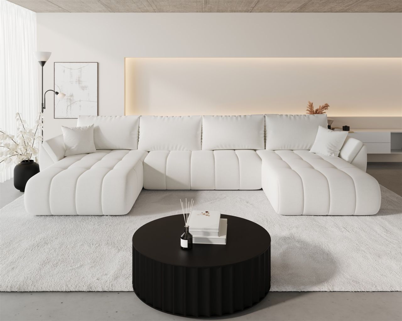 Wohnlandschaft Sofa mit Schlaffunktion MISATO Stoff Wind Altweiß