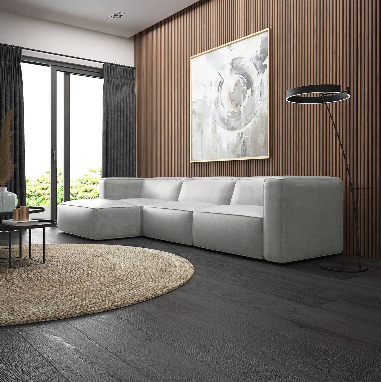 Ecksofa ersofa Sofa HELMER in Stoff Pola Silbergrau Ottomane Links