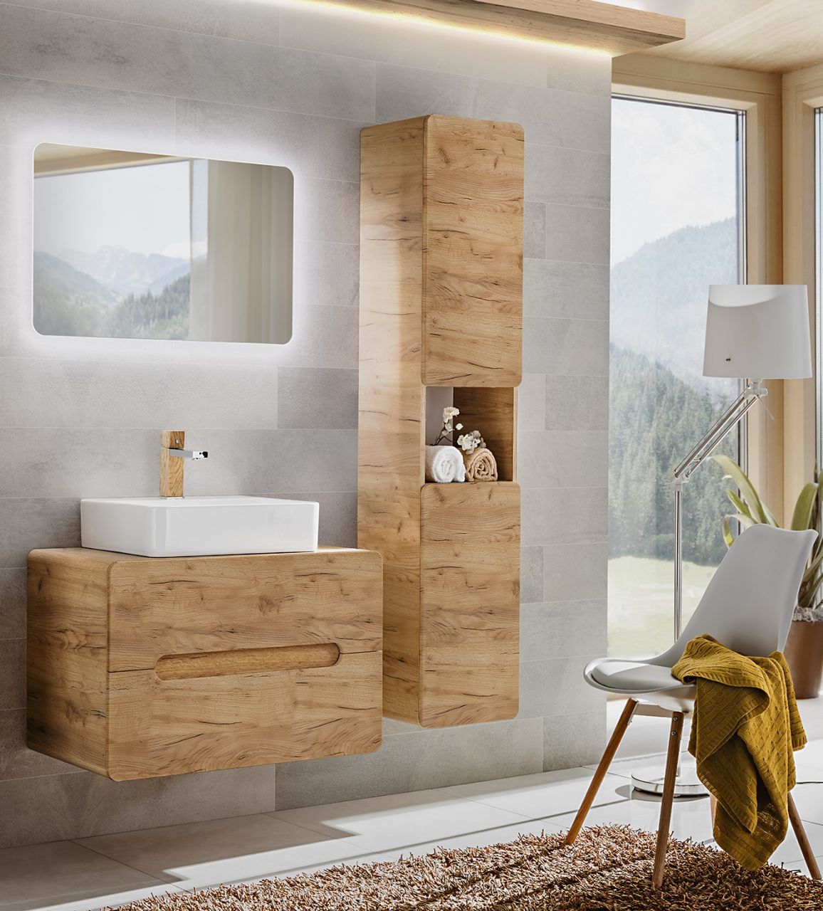 Badmöbel Set 4-tlg Badezimmerset FERMO 60cm Gold Eiche inkl.Waschtisch