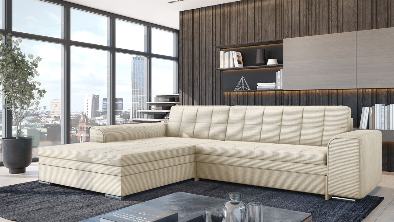 Ecksofa Schlafsofa Sofa LUSAKA in Stoff Lincoln Creme Ottomane Links