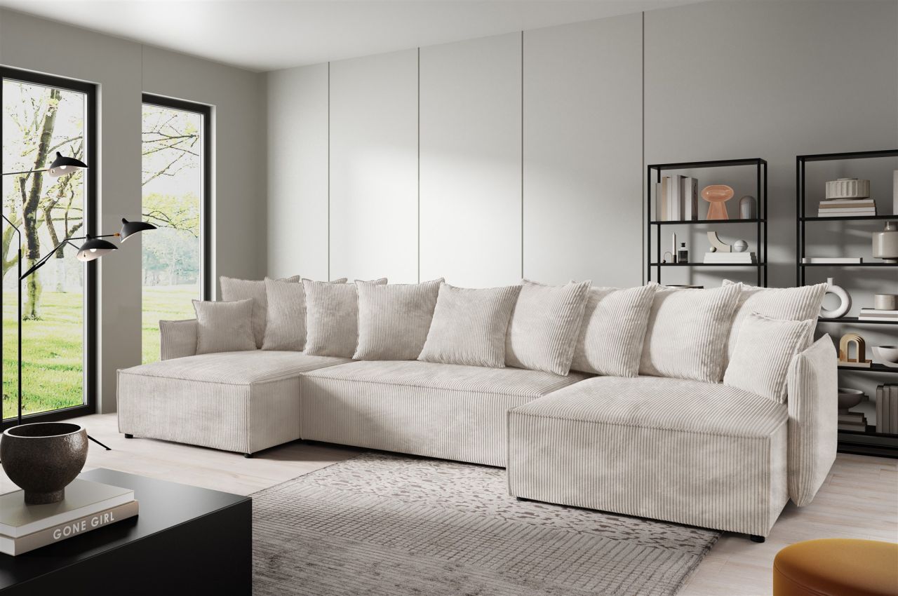 Wohnlandschaft mit Schlaffunktion MINEA Sofa U-Form in Stoff Poso Altweiß