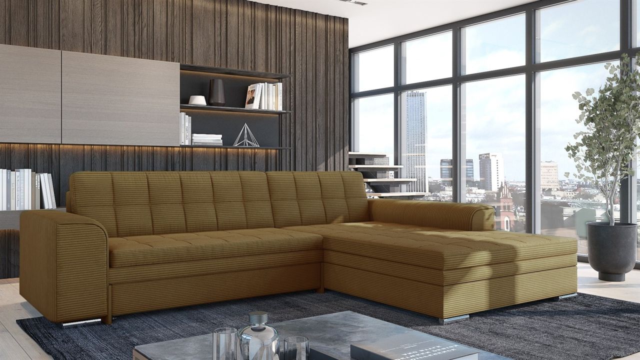 Ecksofa Schlafsofa Sofa LUSAKA in Stoff Lincoln Senfgelb Ottomane Rechts