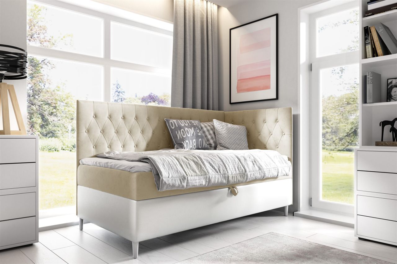 Boxspringbett Gästebett Kinderbett FINJA Nr.3 90x200cm Weiss-Beige Seite Rechts