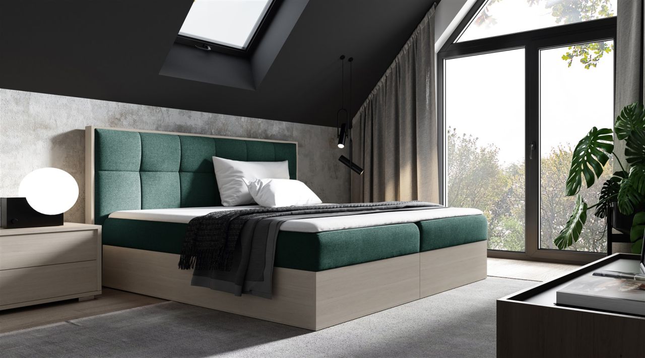 Boxspringbett Bett THANOS 120x200cm Nordic Teak Stoff Grün inkl. Bettkasten