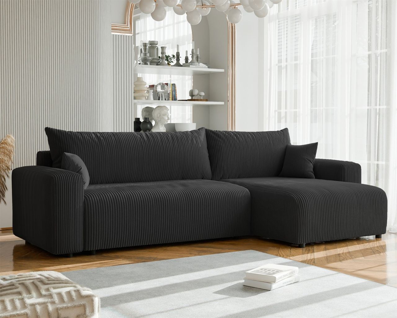 Fun Möbel Schwarz Ecksofa Mit Schlaffunktion Luna Max In Stoff Poso Ottomane Rechts