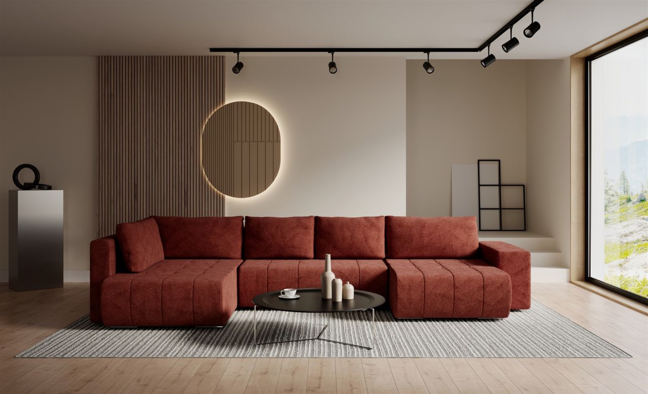 Wohnlandschaft Schlafsofa ARMANDA in Stoff Blur Rostbraun langer Schenkel Links