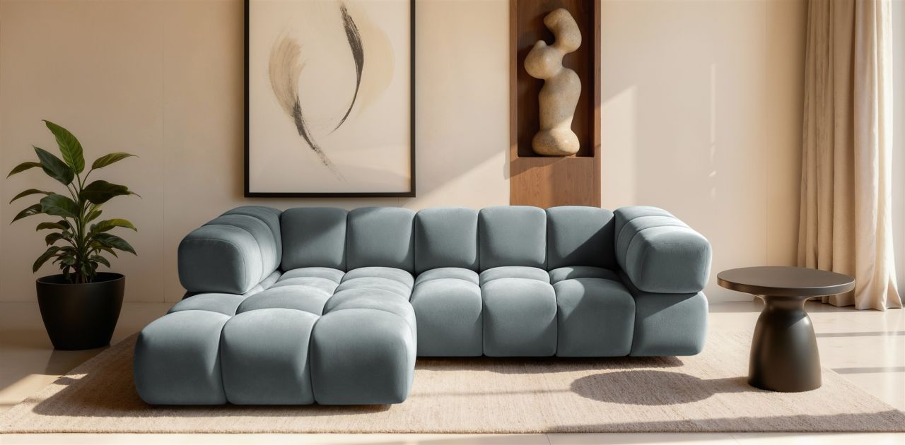Ecksofa ersofa BLANCHE in Stoff Bluvel Graublau Ottomane Links