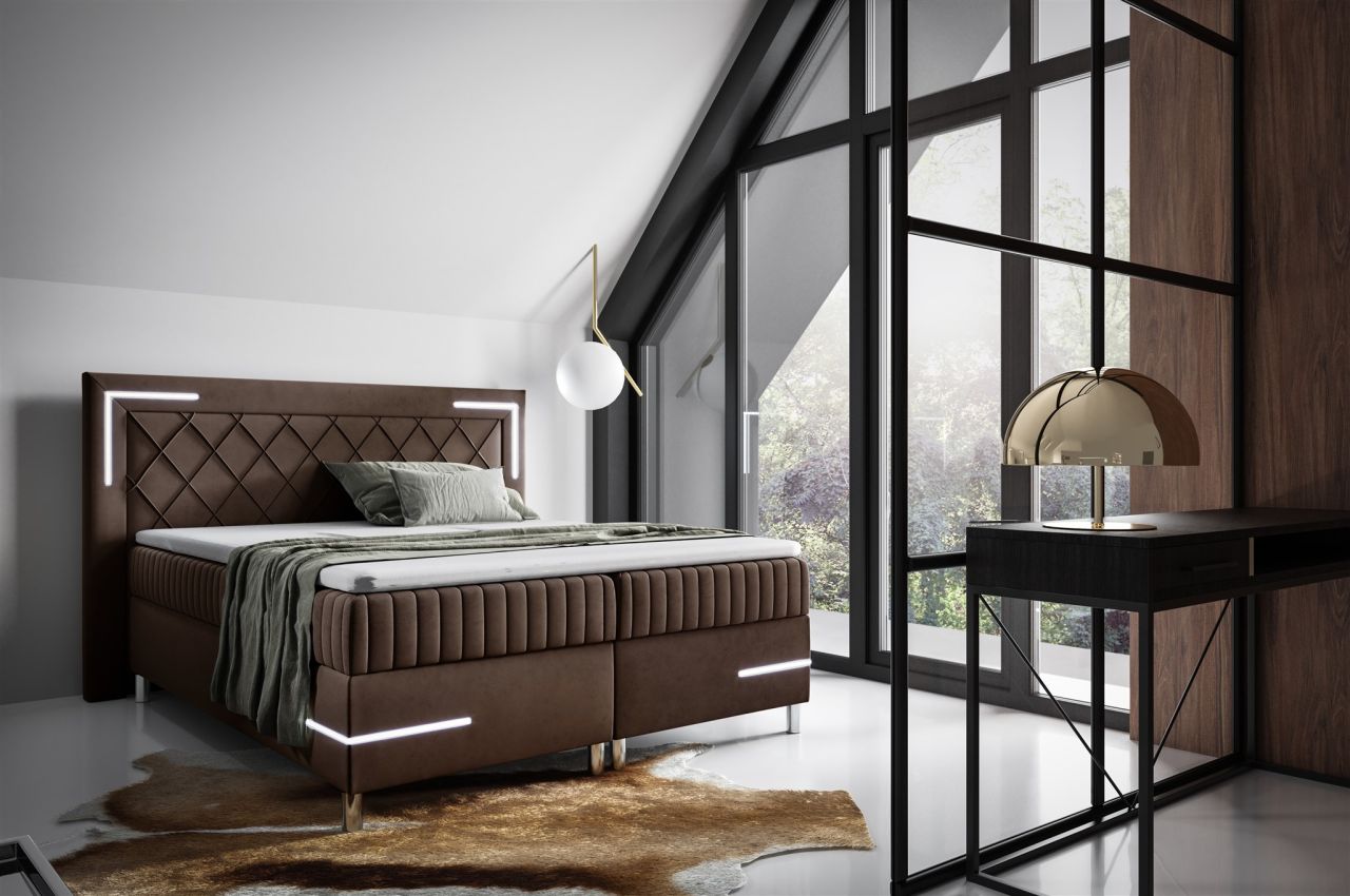 Boxspringbett Schlafzimmerbett 180x200cm AMORE Nr.3 Braun inkl. LED-Beleuchtung