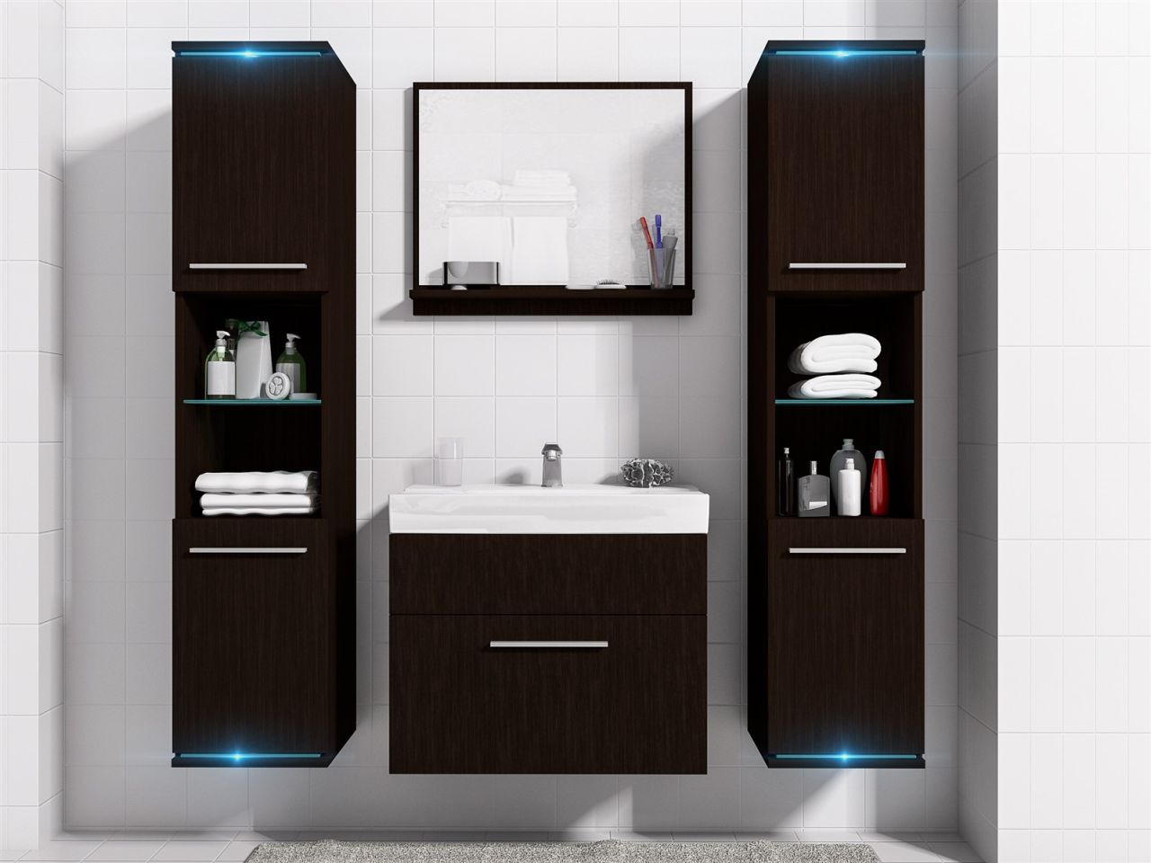 Badmöbel Set 5-Tlg Wenge matt TOPLINE inkl.Waschtisch inkl.LED