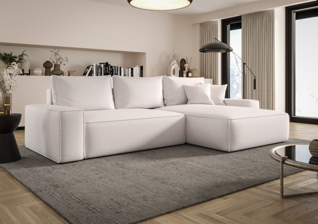 Ecksofa Schlafsofa Sofa WALKEN Stoff Aragon Weiss Ottomane Rechts