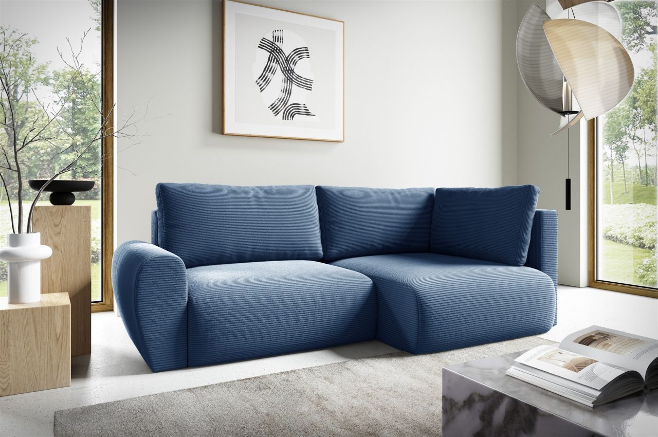 Fun Möbel Blau Ecksofa Schlafsofa Galan Mini Stoff Poso Ottomane Rechts