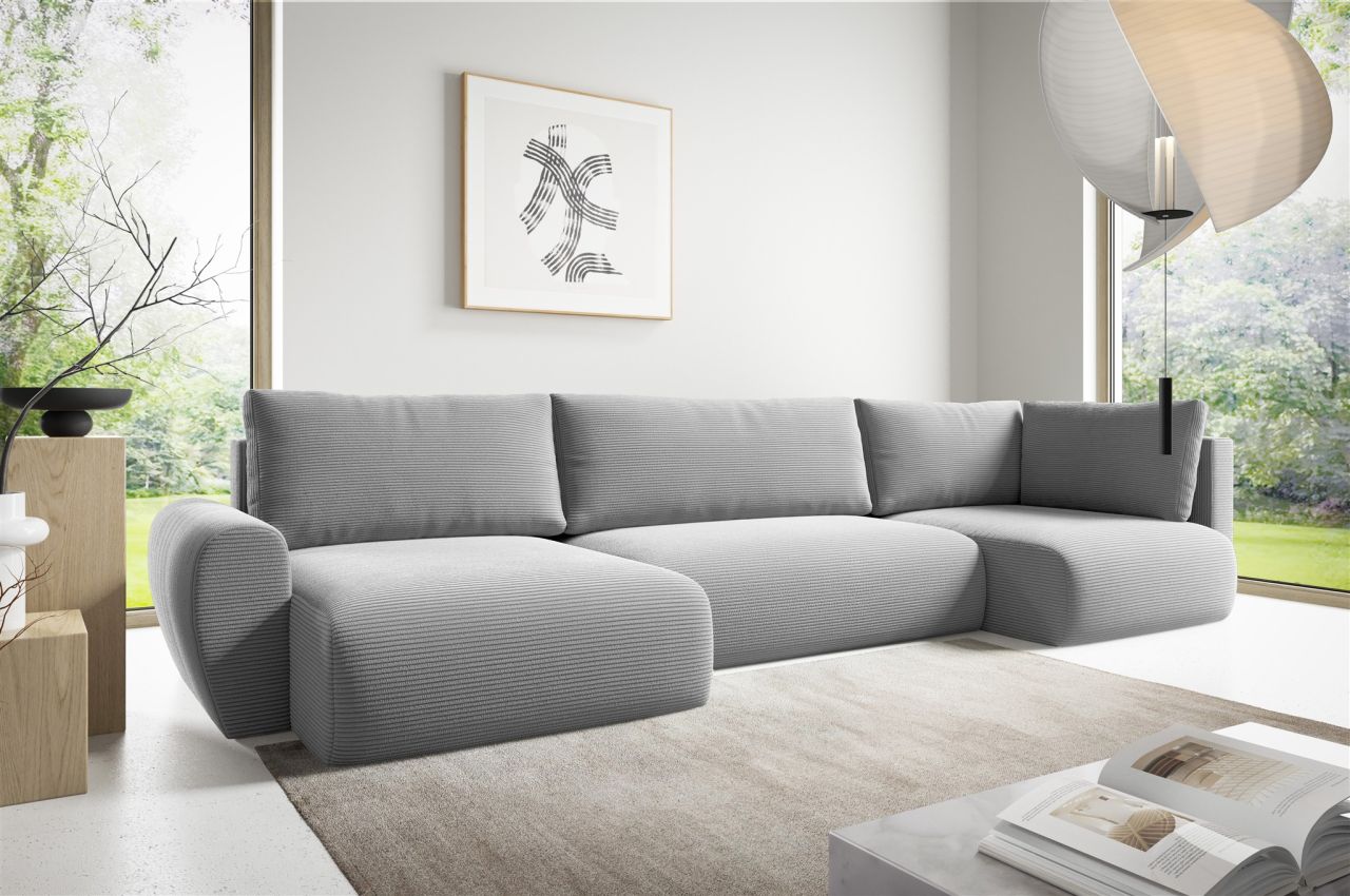 Fun Möbel Wohnlandschaft Schlafsofa Galan Stoff Poso Hellgrau Ottomane Links