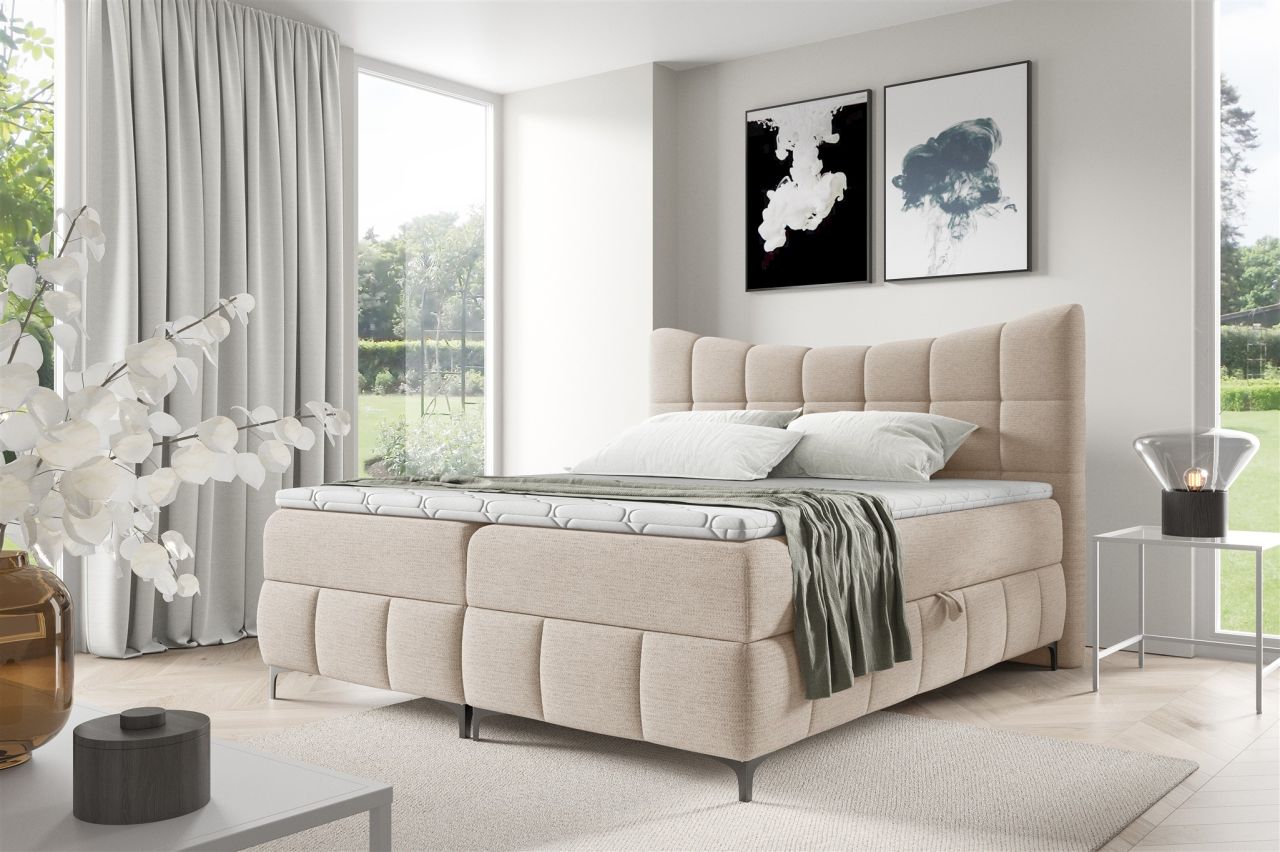 Boxspringbett Schlafzimmerbett CHARLES PREMIUM 140x200cm Stoff Freya Latte