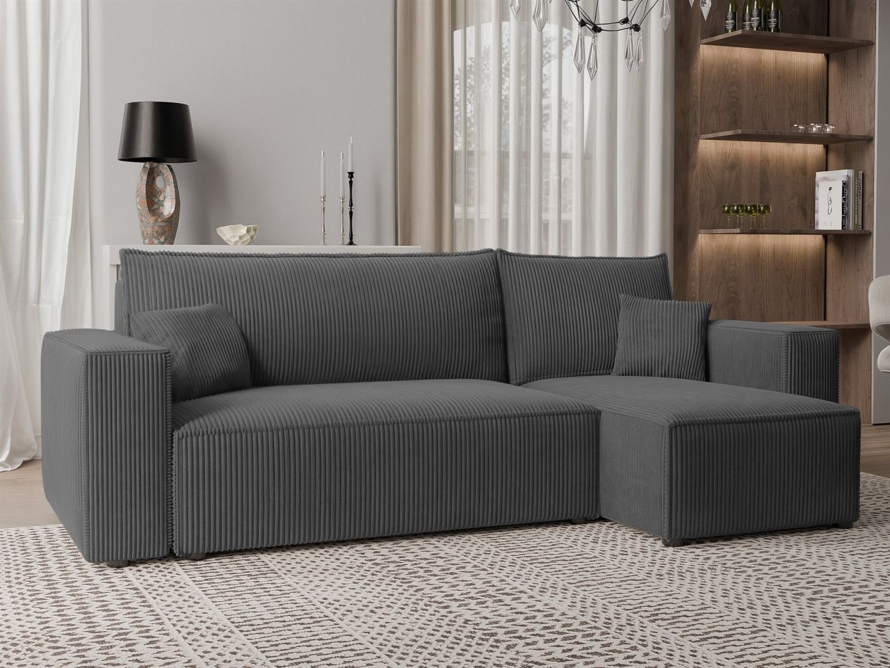 Ecksofa Schlafsofa Sofa ADARA in Stoff Poso Dunkelgrau Ottomane Rechts