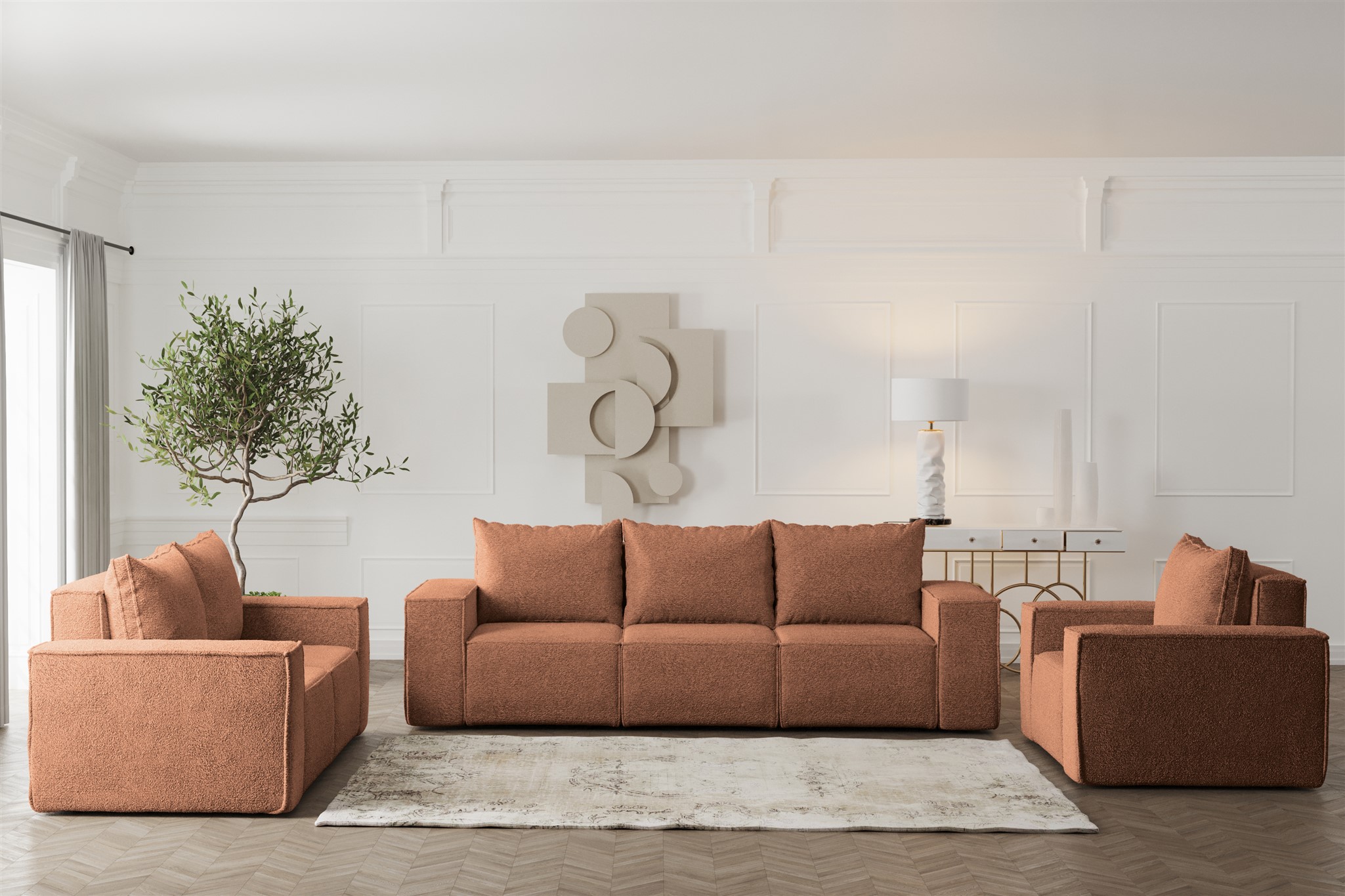 Sofaset Designersofa ESTELLE 3-2-1 mit Schlaffunktion Stoff Abriamo Rostbraun | Sofaset mit Schlaffunktion | Serie-ESTELLE | Polstermöbel-Serie