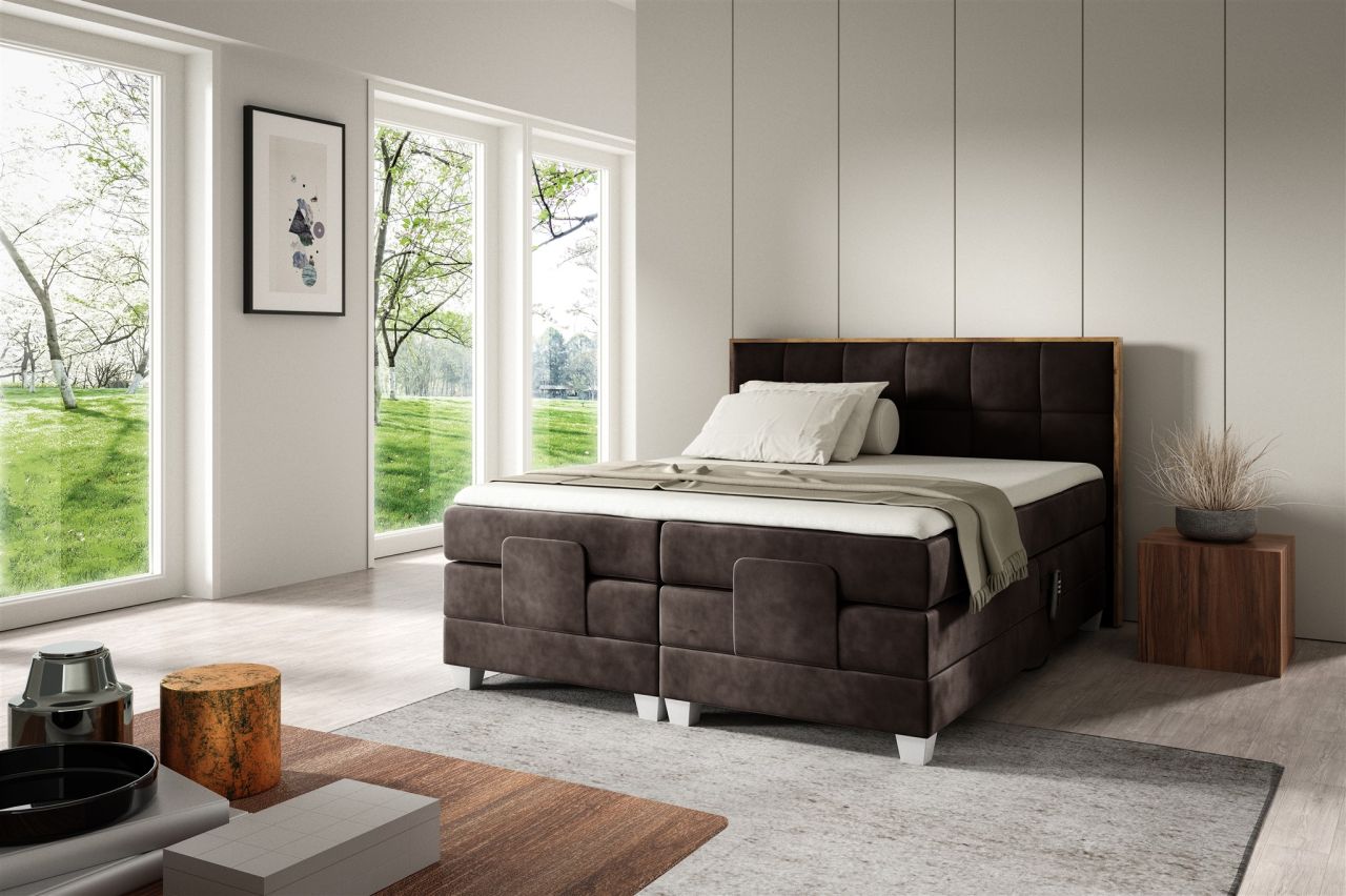 Boxspringbett Elektrisch Bett HENRY 200x200cm in Stoff Fresh Dunkelbraun