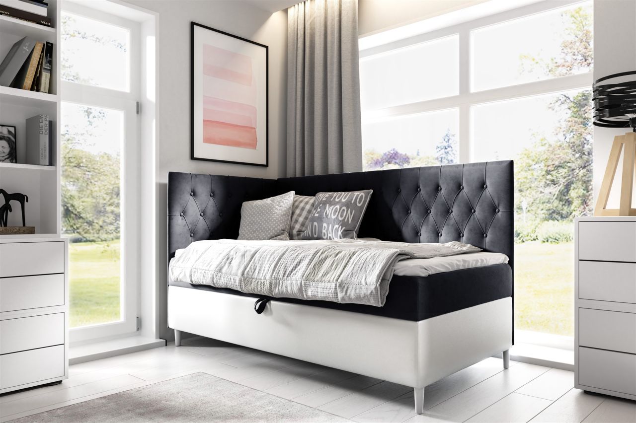 Boxspringbett Gästebett Kinderbett FINJA Nr.3 80x200cm Weiss-Schwarz Seite Links