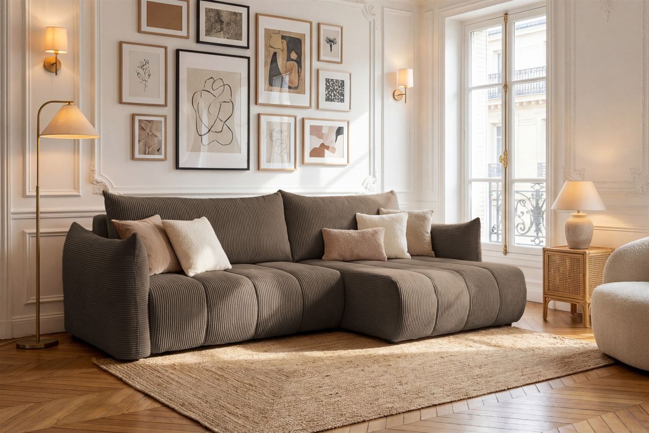 Ecksofa Schlafsofa ONTARIO in Stoff Poso Braun Ottomane Rechts