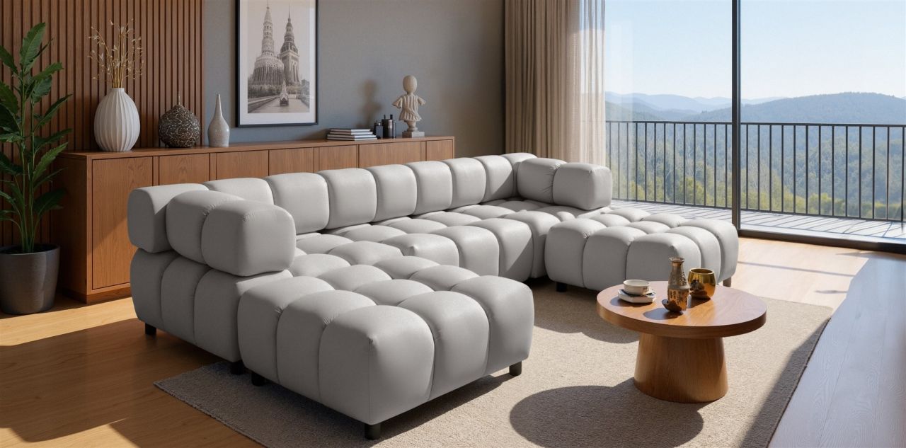 Sofa ersofa FLOW 3-Sitzer inkl. 2 x Polsterhocker Stoff Bluvel Silbergrau