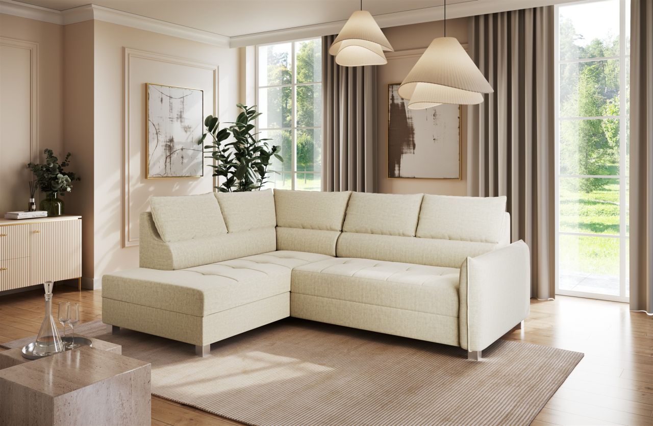 Ecksofa Schlafsofa Sofa MARNO in Stoff Vogue Creme Ottomane Links