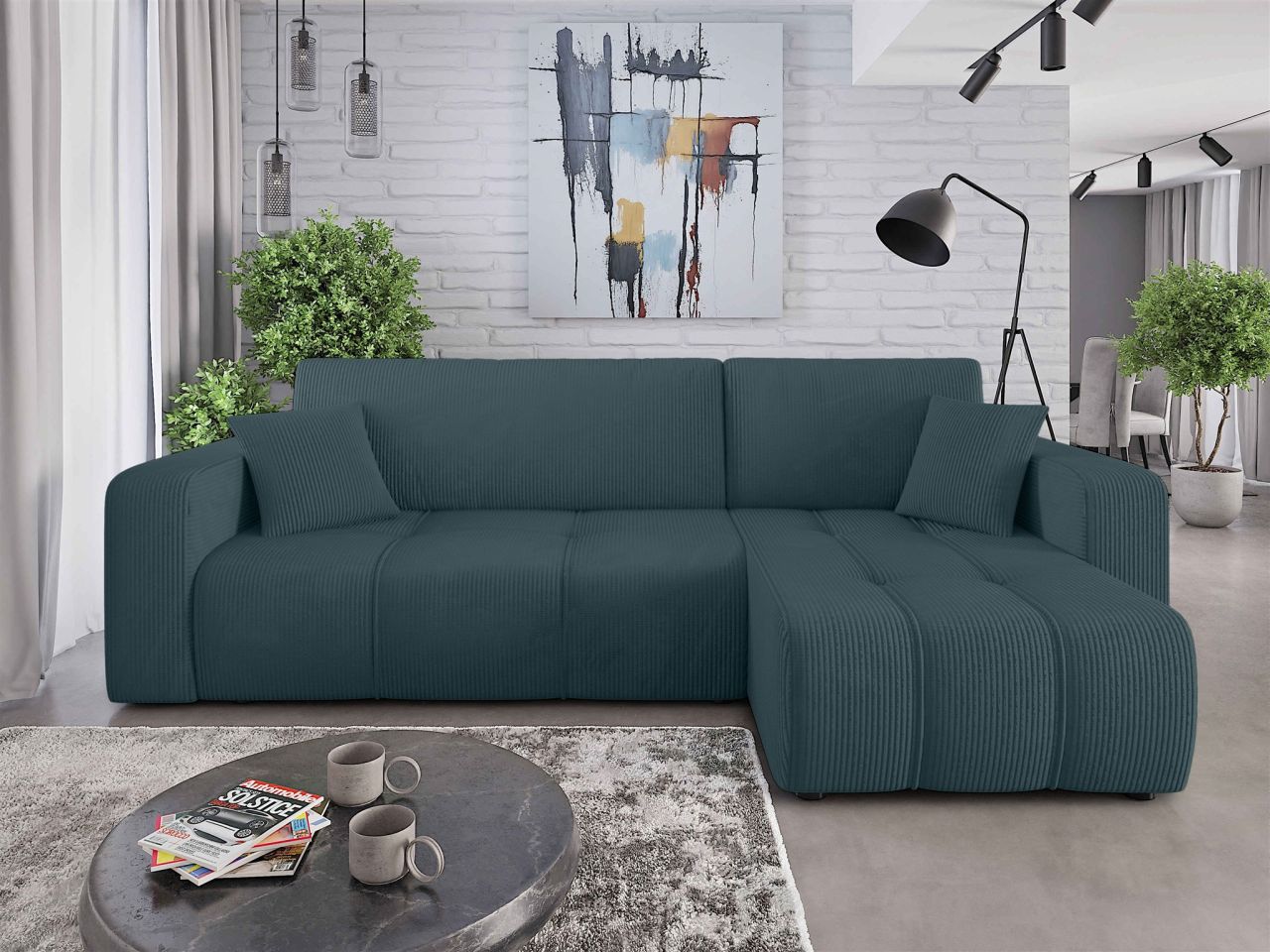 Ecksofa mit Schlaffunktion Sofa DAGNY in Stoff Poso Meeresgrün Ottomane Rechts