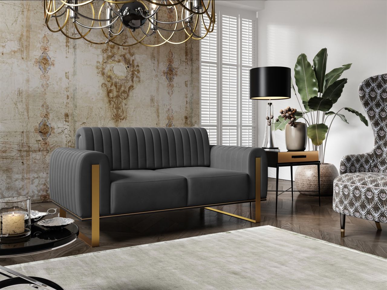 Sofa ersofa VALERIE 2-Sitzer in Stoff Elisa Velvet Anthrazit