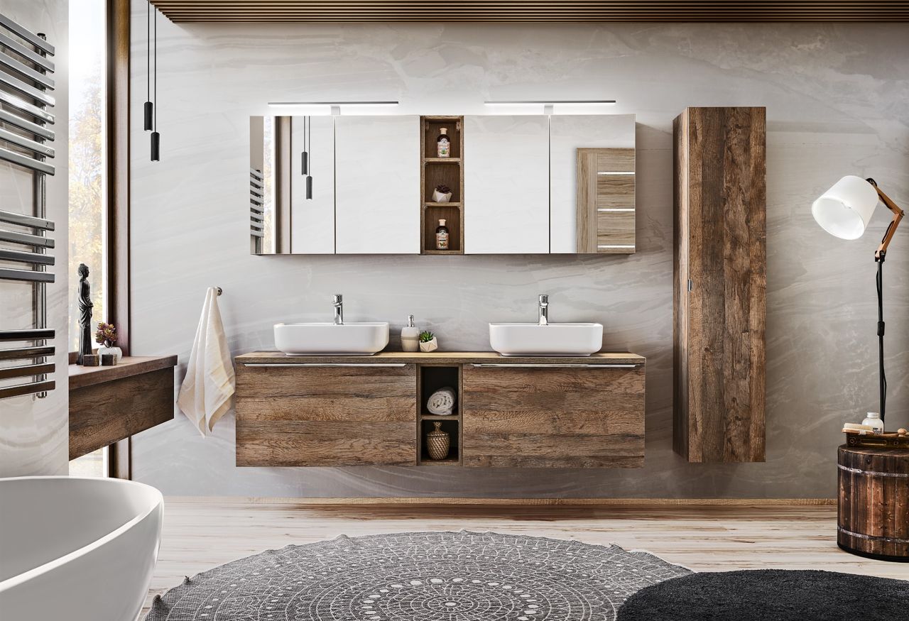 Badmöbel Set 7-tlg Badezimmerset AKAN Vintage Eiche Variante C ohne Waschtisch