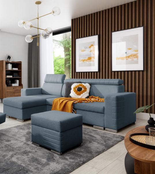 Ecksofa Schlafsofa inkl. Hocker CANTON Stoff Liverpool Azurblau Ottomane Links | Ottomane: Links | Ecksofas mit Schlaffunktion | Polstermöbel