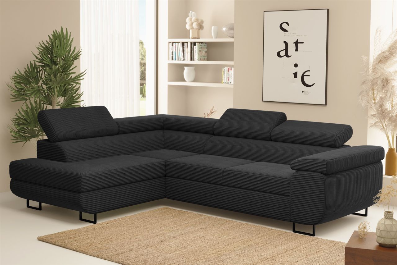 Ecksofa Sofa mit Schlaffunktion METZ Stoff Poso Schwarz Ottomane Links