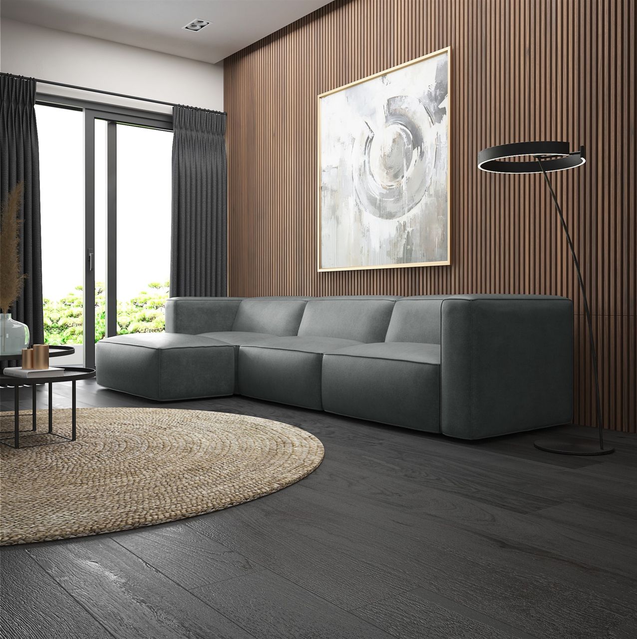 Ecksofa ersofa Sofa HELMER in Stoff Pola Dunkelgrau Ottomane Links