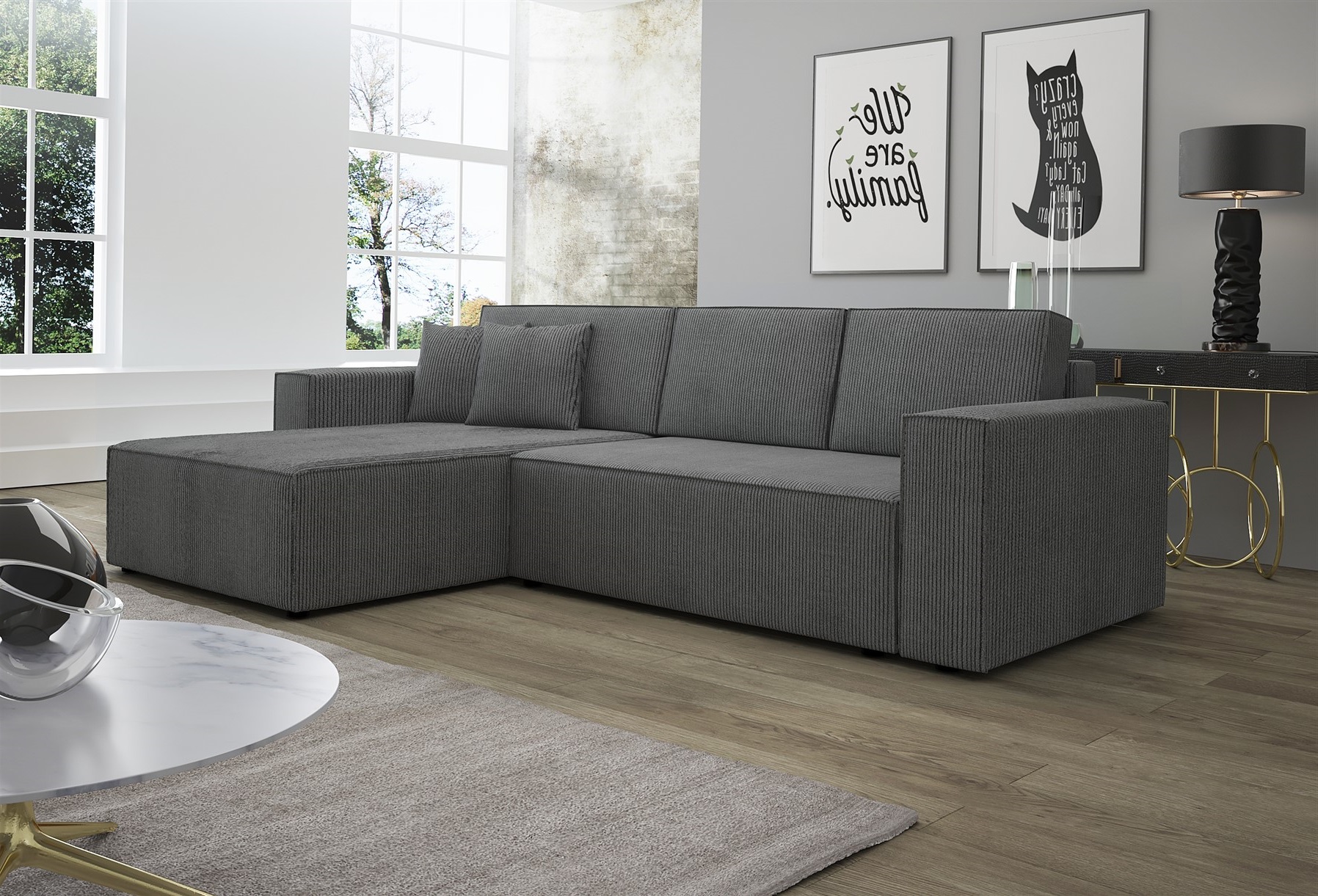 Ecksofa Schlafsofa Sofa CONOR Stoff Dunkelgrau Ottomane Links | Ecksofa mit Schlaffunktion | Serie-CONOR | Polstermöbel-Serie