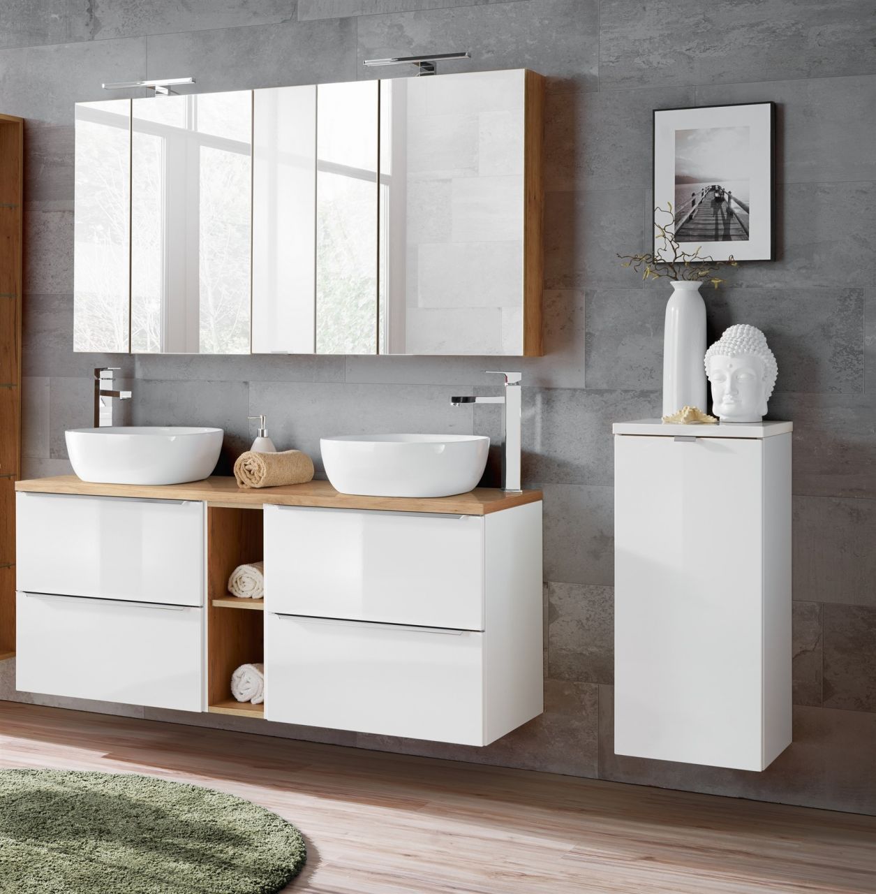 Badmöbel Set 10-tlg Badezimmerset PERUGIA Weiss HGL inkl.Waschbecken