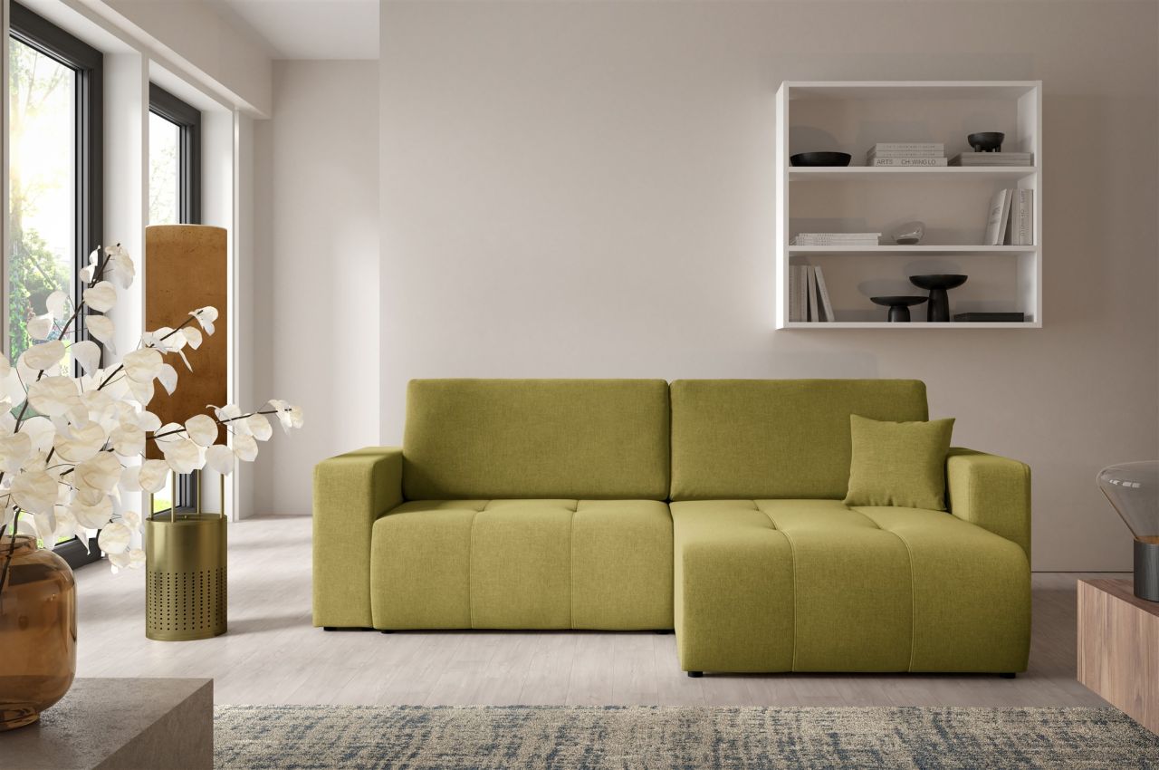 Ecksofa Sofa mit Schlaffunktion AUGUSTO in Stoff Wind Moosgrün Ottomane Rechts