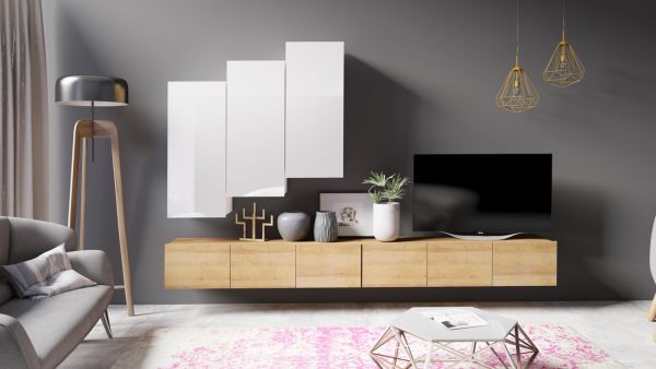 Mediawand Wohnwand 5 tlg - LABRI 15 - Sonoma / Weiss Hochglanz