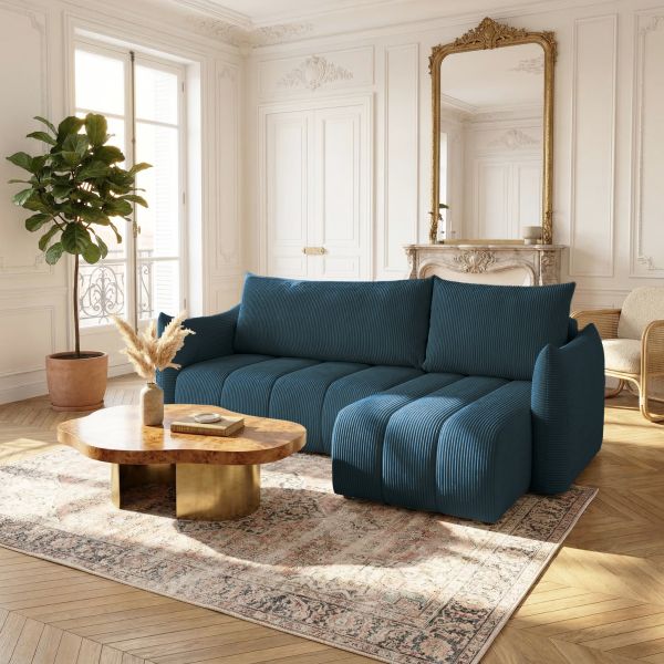 Ecksofa Schlafsofa ONTARIO XS in Stoff Poso Dunkelblau Ottomane Rechts | Ottomane: Rechts | Ecksofas mit Schlaffunktion | Polstermöbel