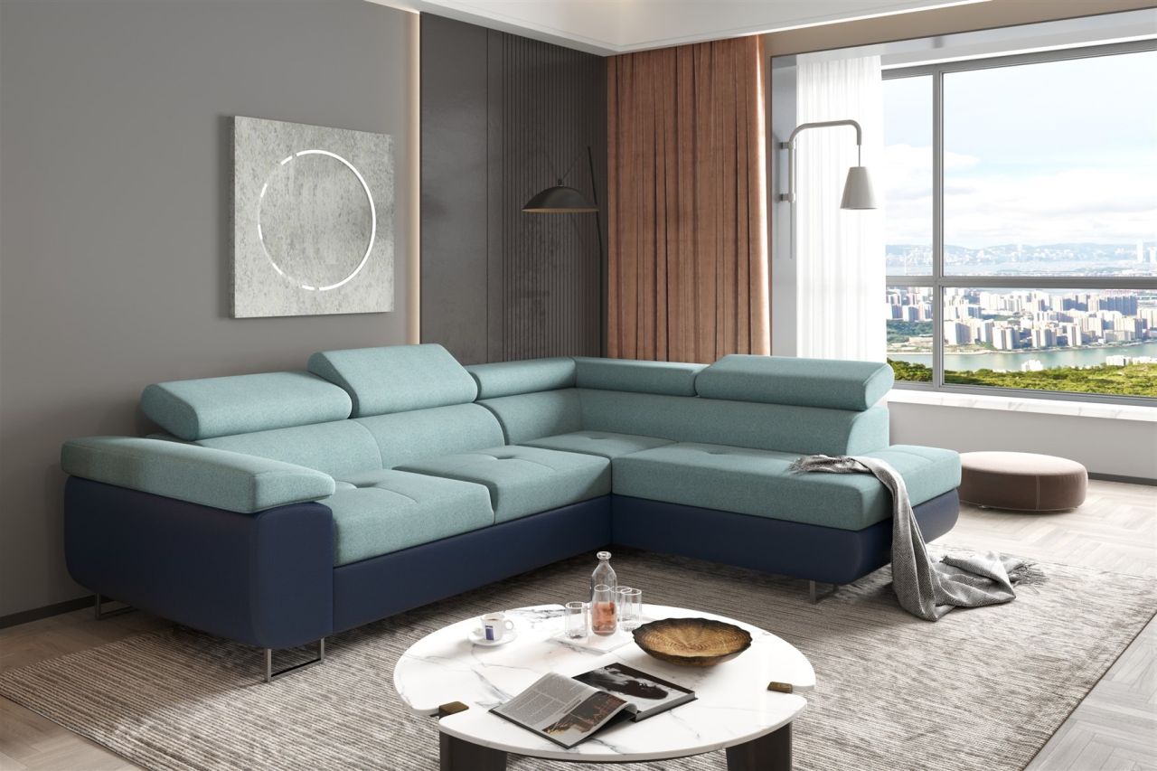 Couchgarnitur JADE Blau-Meeresgrün mit Schlaffunktion Ottomane Rechts