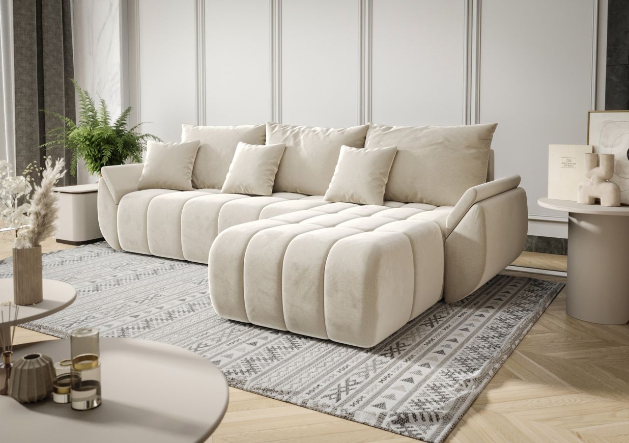 Ecksofa Schlafsofa LOUISE Stoff Monolith Creme Ottomane Rechts