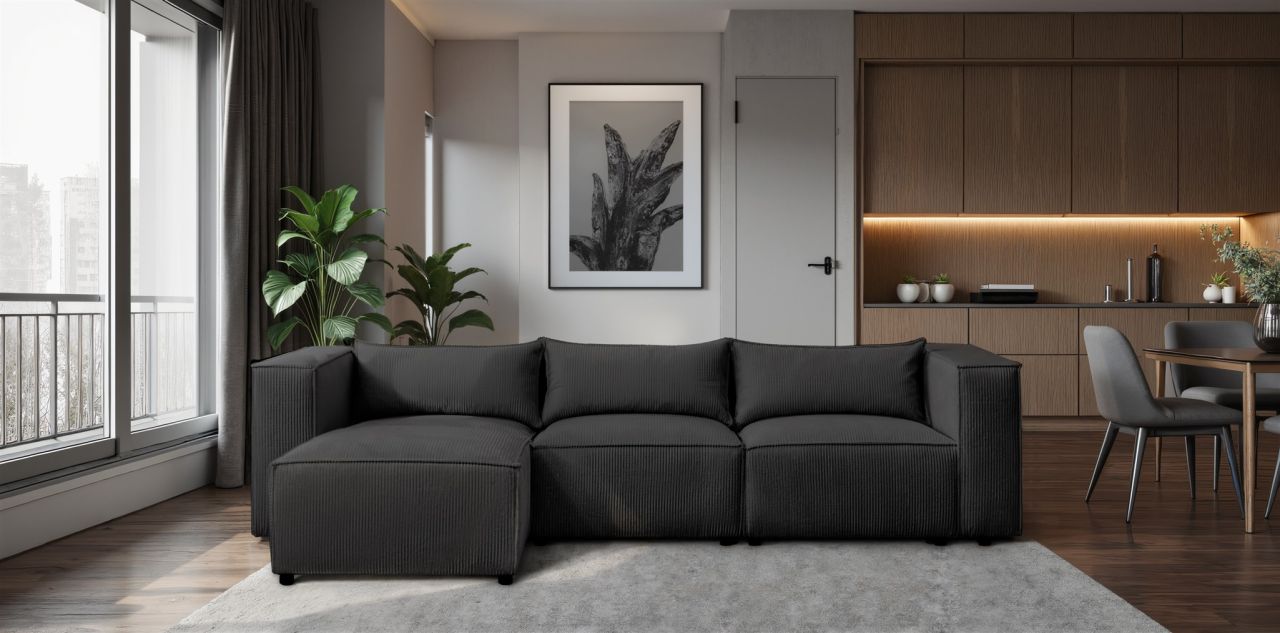 Ecksofa ersofa NEVIO in Stoff Lincoln Schwarz Ottomane Links