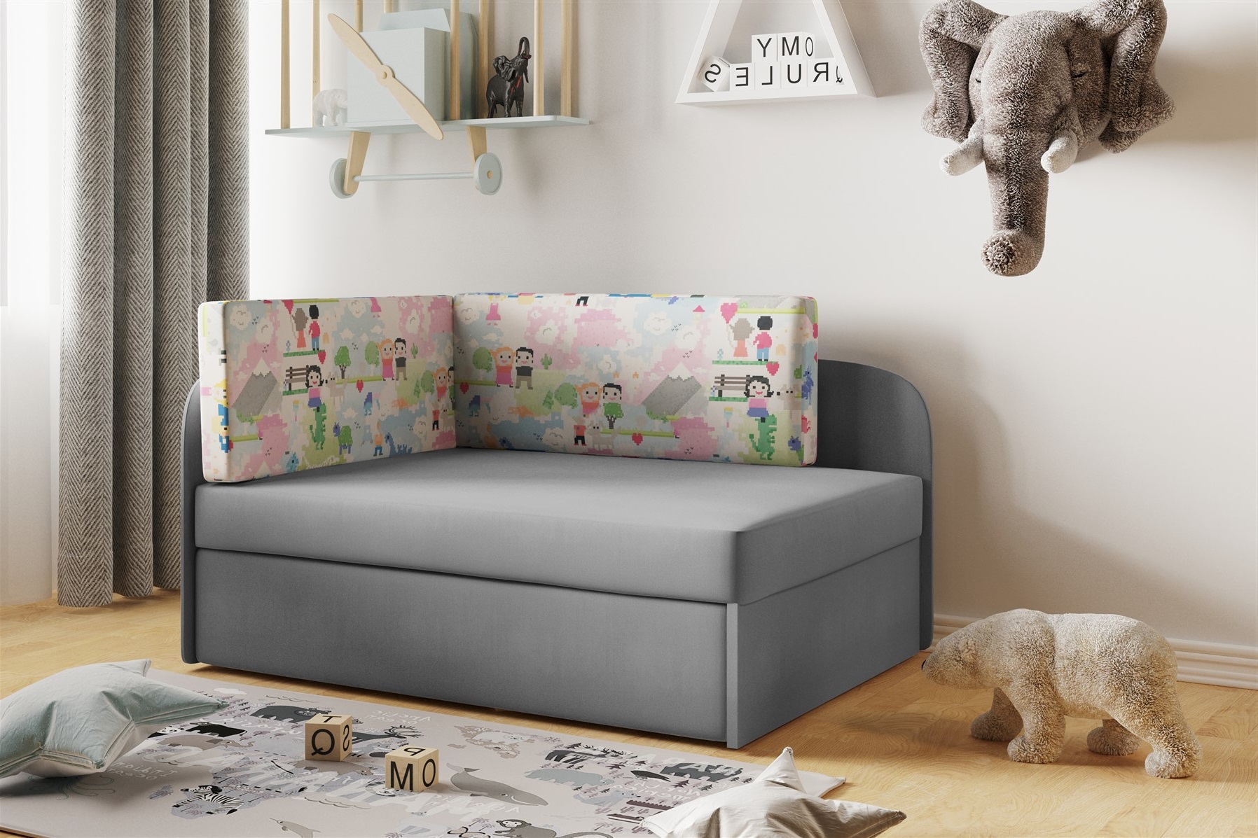 Sofa Kindersofa Schlafsofa inkl. Bettkasten MAILO Seite Rechts Stoff Grau-Kinder | Sofas | Sitzen & Liegen | Kinder- & Jugendzimmer